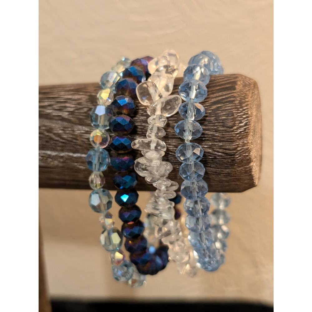 Three Blue Crystal One Clear Quartz Chip Bracelet Lot